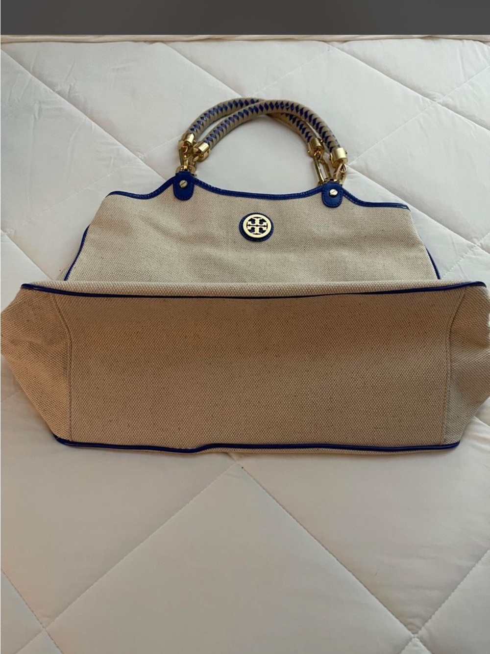 Tory Burch Beige Canvas Tote with Blue Trim and Braided Handles - Picture 2 of 8